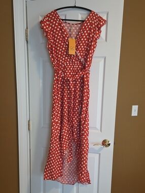 Grecerelle Orange Polka Dot Wrap Maxi Dress